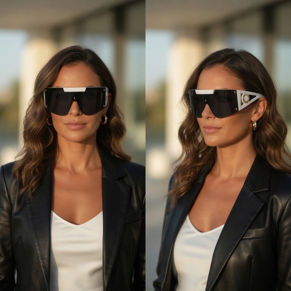 Women White‎ Shield Sunglasses Oversized Futuristic Geometric Cutout Wrap Lenses
